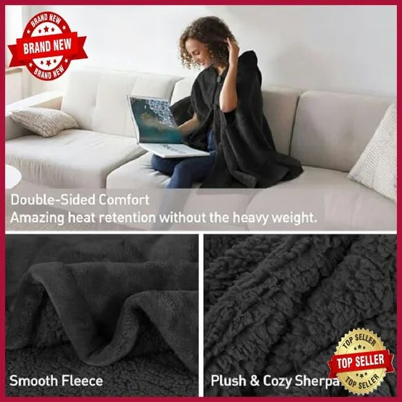 Oversized Sherpa Fleece Hooded Poncho Cape Wearable Blanket One Size - Picture 6 of 8